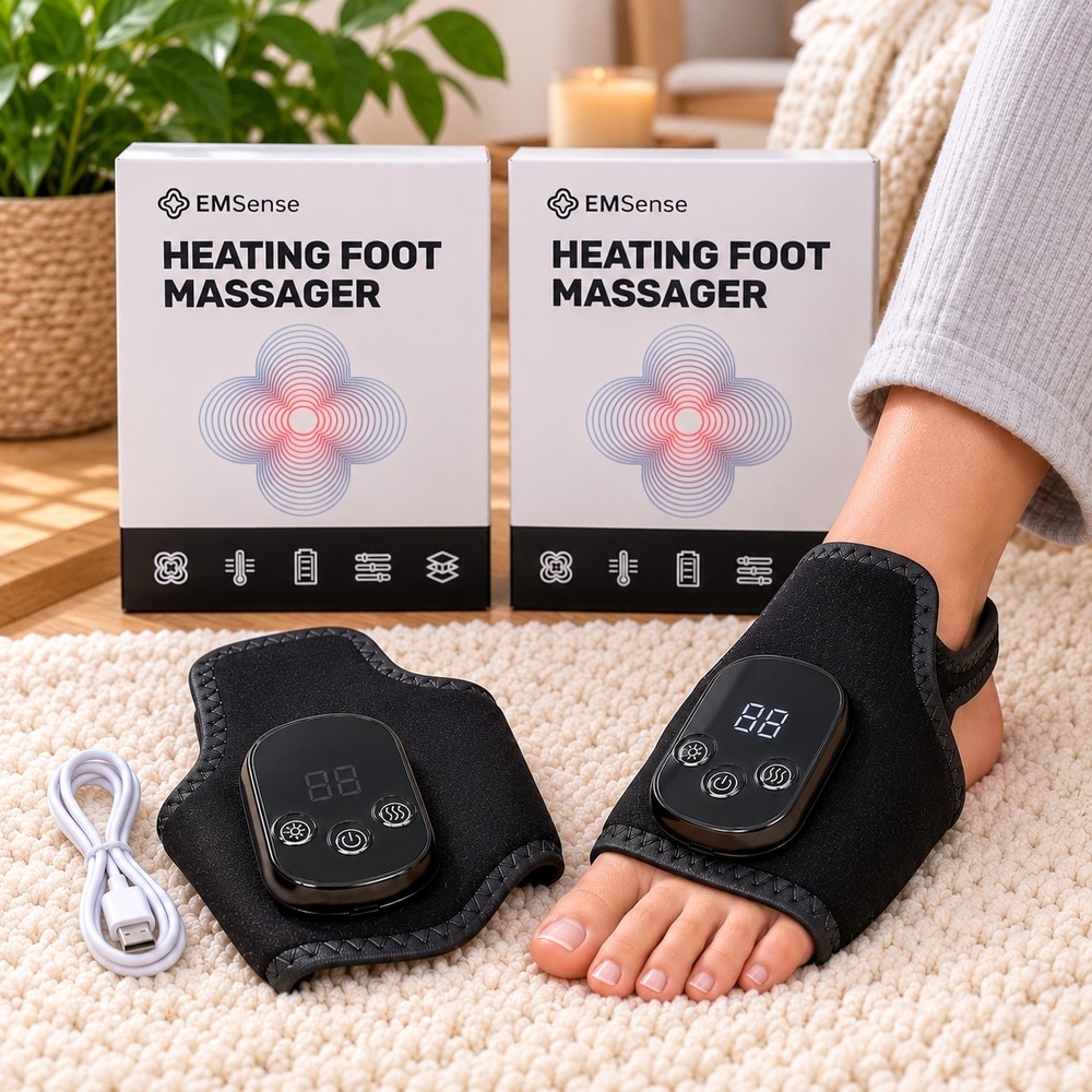 Pair of EMSense Heating Foot Massager Rechargeable Black Neoprene Vibration Heat